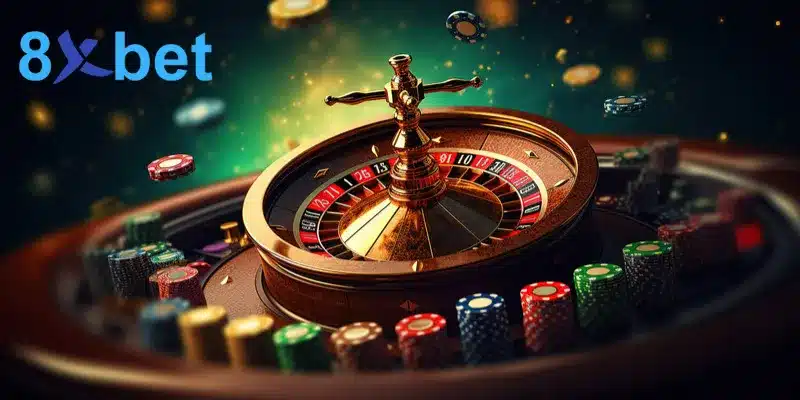 Bánh xe roulette màu vàng đồng cùng các chồng chip trên bàn casino
