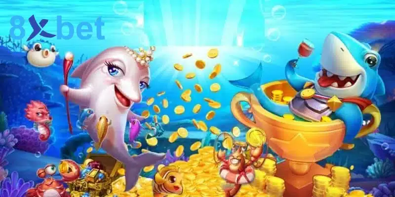 Cá heo và cá mập hoạt hình bên kho báu vàng trong game bắn cá 8XBET