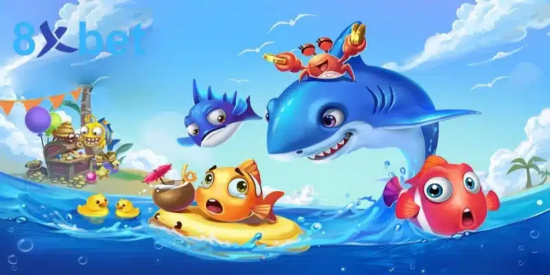 Cá mập, cá hề và cua hoạt hình nhảy lên mặt biển bên rương kho báu