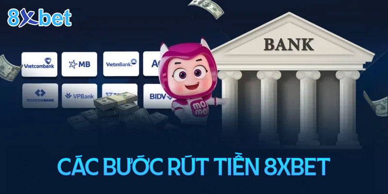 Minh họa các bước rút tiền 8XBET với tòa nhà ngân hàng, xấp tiền mặt và logo ngân hàng nội địa