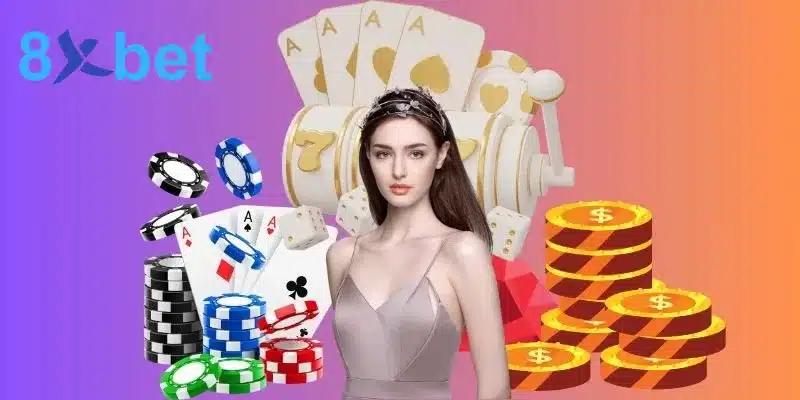 Người mẫu giữa chip, lá bài và máy slot minh họa cách nhận khuyến mãi 8xbet cho người mới