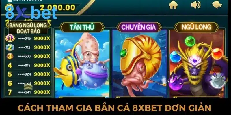 Màn hình chọn phòng Tân Thủ, Chuyên Gia và Ngũ Long trong sảnh bắn cá 8XBET