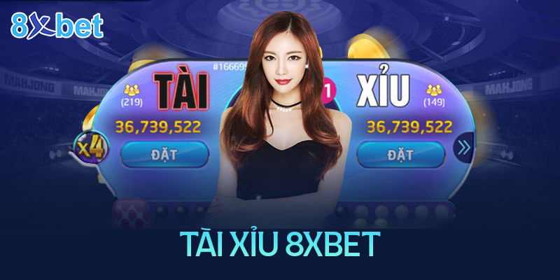 Cô gái đứng giữa hai cửa Tài, Xỉu có nút Đặt cùng dòng chữ tài xỉu 8XBET