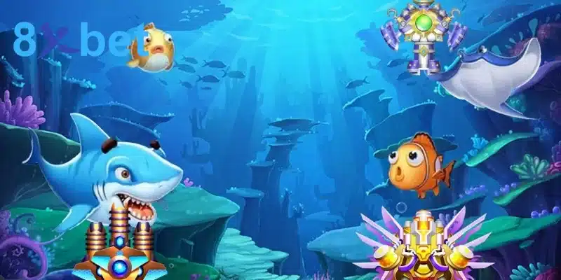Khung cảnh đại dương với cá mập, cá đuối và các khẩu súng bắn cá ở cạnh trên, cạnh dưới màn hình