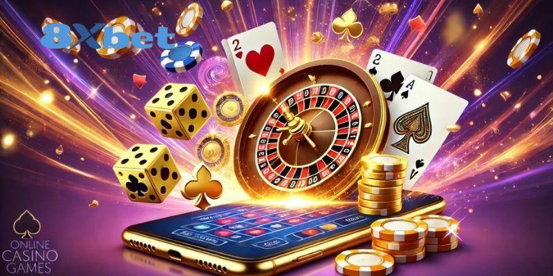 Điện thoại mạ vàng với vòng quay roulette, xúc xắc, lá bài và chip cược bay ra