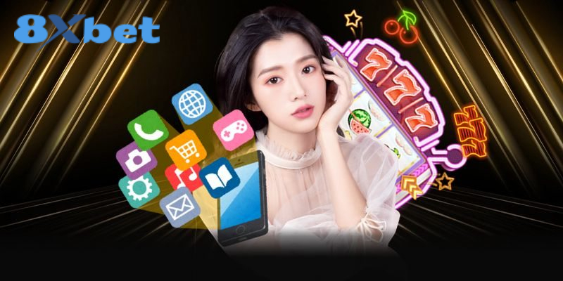 Cô gái bên chiếc điện thoại với các biểu tượng ứng dụng bay ra và máy slot 777