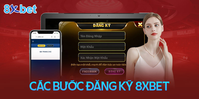 Khung đăng ký 8xbet gồm tên đăng nhập, mật khẩu và xác nhận mật khẩu trên máy tính và điện thoại