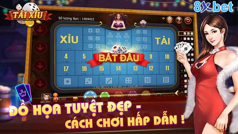 Giao diện game tài xỉu với ô Tài, ô Xỉu và các ô cược tổng điểm từ 4 đến 17