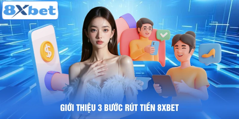 Két sắt màu ngọc giữa những chồng đồng xu vàng và tiền giấy bên cạnh logo 8XBET