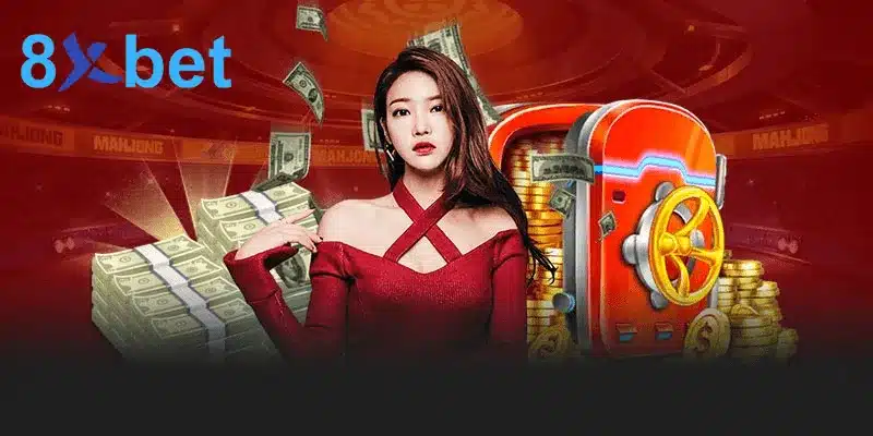 Cô gái váy đỏ đứng giữa xấp tiền mặt và két sắt chứa đồng xu vàng