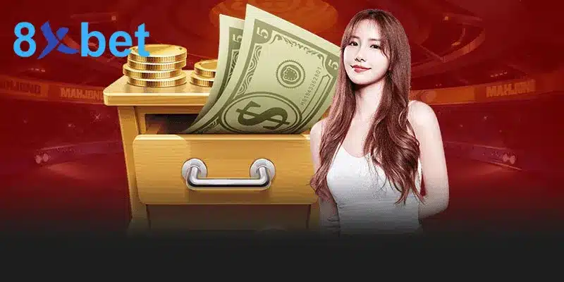 Ngăn kéo vàng chứa tiền giấy và đồng xu bên cạnh người mẫu