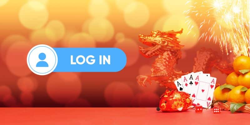 Biểu tượng nút Log In nổi bật trên nền đỏ với lá bài và xúc xắc