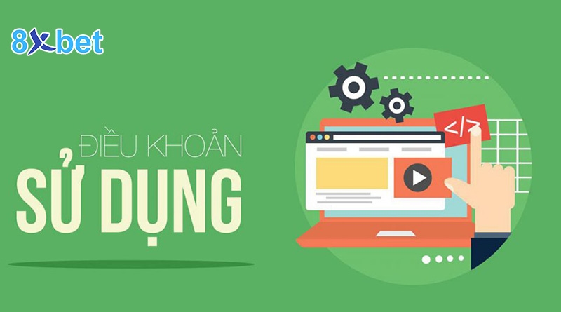 Màn hình laptop với bánh răng và tiêu đề điều khoản sử dụng trên nền xanh lá