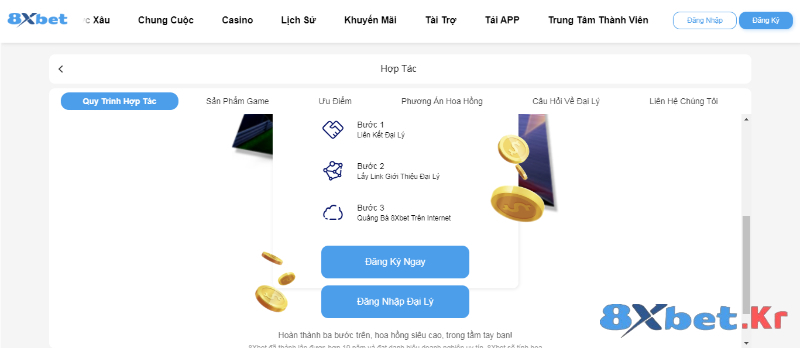 Màn hình quy trình hợp tác 8xbet gồm ba bước liên kết đại lý, lấy link giới thiệu và quảng bá