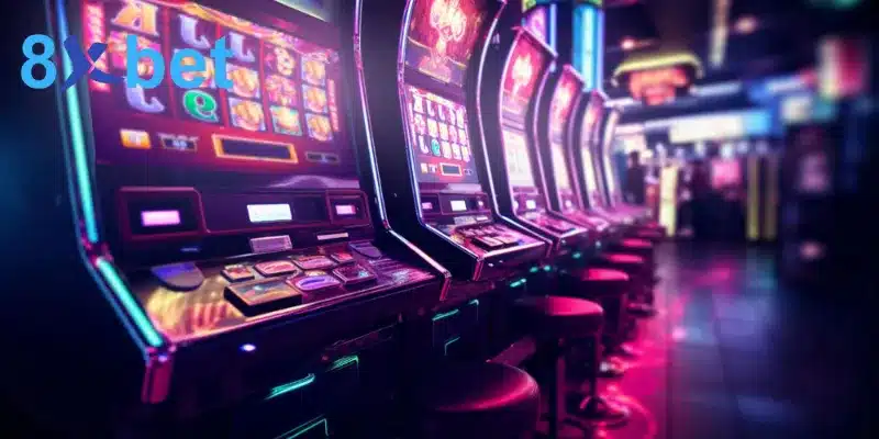 Dãy máy slot với đèn neon trong không gian casino minh họa RTP slot game