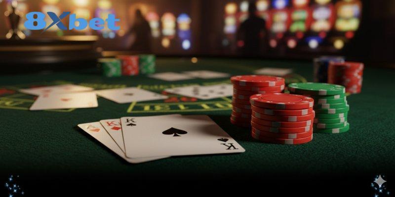 Bàn casino nỉ xanh với hai lá bài K, các chồng chip đỏ và xanh, logo 8XBET ở góc ảnh