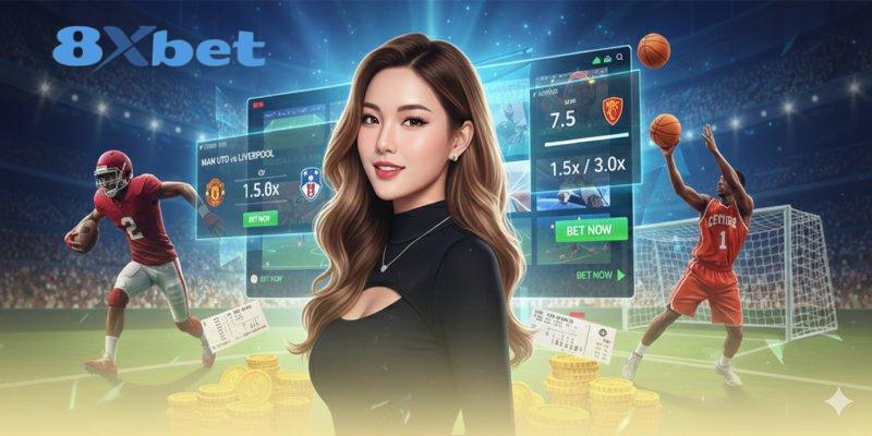 Giao diện ứng dụng 8XBET với bảng tỷ lệ bóng đá, bóng rổ và người mẫu nữ đứng giữa màn hình
