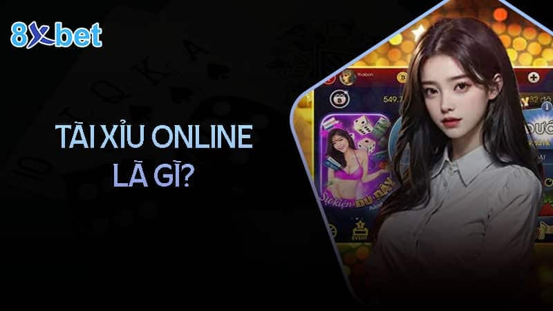 Dòng chữ tài xỉu online là gì cạnh cô gái và màn hình game tài xỉu trên nền tối
