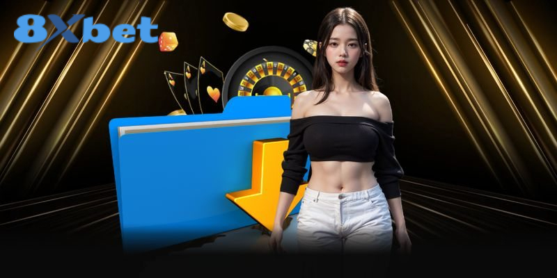 Thư mục màu xanh với mũi tên tải xuống màu vàng bên cạnh cô gái, lá bài và vòng quay