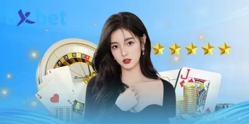 Người mẫu bên vòng quay roulette, lá bài và năm ngôi sao vàng giới thiệu ưu đãi 8xbet