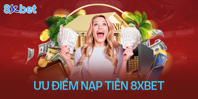 Cô gái cầm hai xấp tiền trước tòa nhà ngân hàng trong banner ưu điểm nạp tiền 8xbet